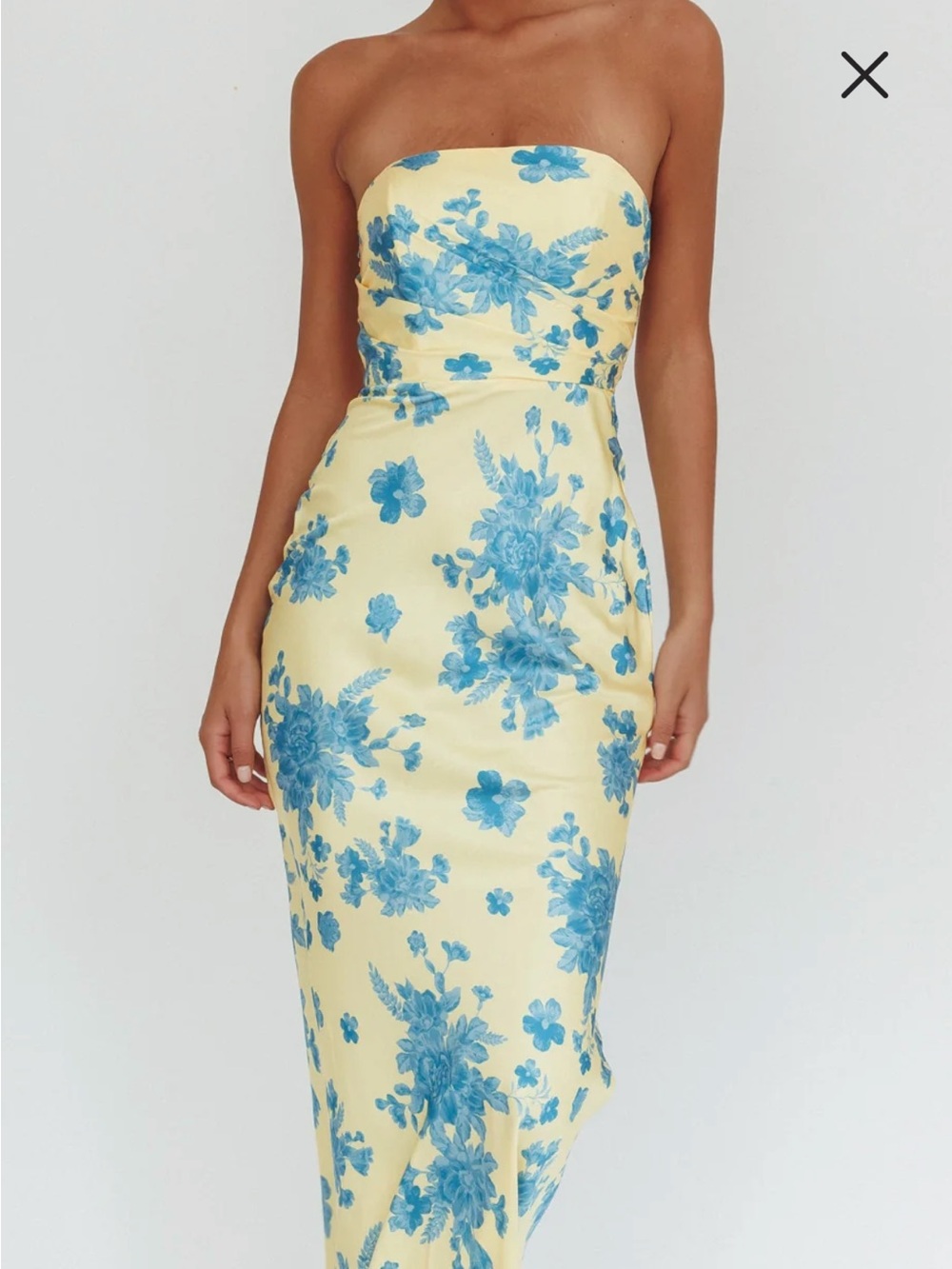 Selfie Leslie Yellow Strapless Maxi Dress with Blue Floral Print